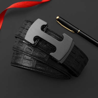 法国COW皮带男士真皮鳄鱼纹男款皮带自动扣裤腰带时尚休闲送男朋友老公父亲情人节生日礼物 C-2001 枪色-礼盒装