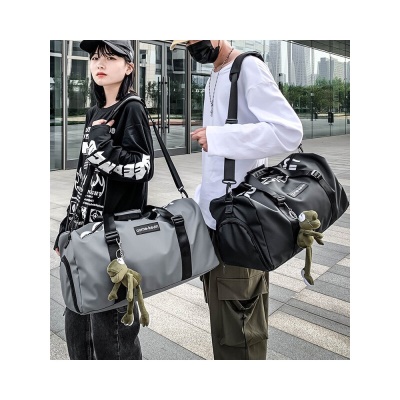 朗酷旅行包男韩版健身包女干湿分离 休闲出差旅行袋单肩斜挎训练防泼水大容量行李包耐磨手提包 灰色【带青蛙挂件】