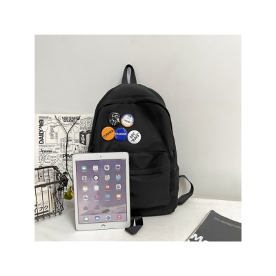 酷森书包男初中韩版原宿风高中大学生背包 防泼水尼龙帆布大容量双肩包女 防刮耐磨笔记本电脑包 黑色（带大恐龙挂件+5枚徽章）