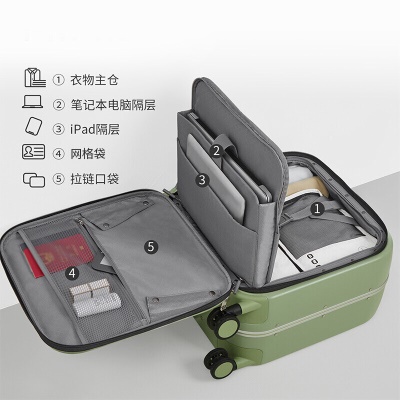 米熙高颜值行李箱前开盖拉杆箱男小行李箱女铝框拉杆箱侧开快取箱密码箱包登机箱皮箱男20英寸牛油果绿M9270