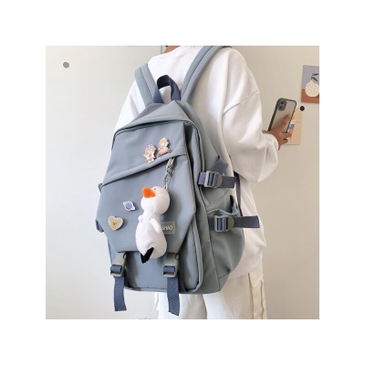 格比森书包男女韩版原宿ulzzang初高中大学生背包 尼龙帆布双肩包大容量防刮耐磨笔记本电脑包 蓝色（带鸭子挂件/带徽章）