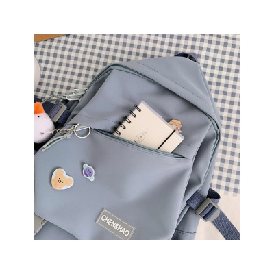 格比森书包男女韩版原宿ulzzang初高中大学生背包 尼龙帆布双肩包大容量防刮耐磨笔记本电脑包 蓝色（带鸭子挂件/带徽章）