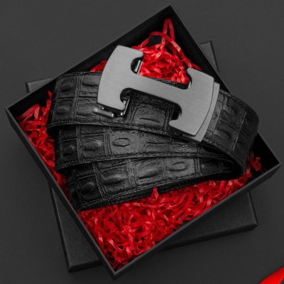 法国COW皮带男士真皮鳄鱼纹男款皮带自动扣裤腰带时尚休闲送男朋友老公父亲情人节生日礼物 C-2001 枪色-礼盒装