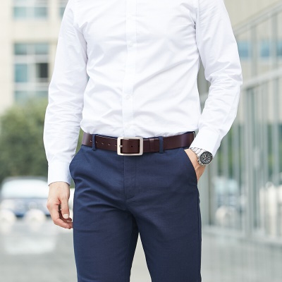 牛当家皮带男牛皮钛扣奢侈中年牛仔裤带头层牛皮轻商务腰带男休闲针扣3166父亲节礼物皮带礼盒 深咖色