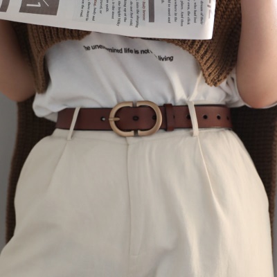皮带真皮纯牛皮 腰带女ins风简约百搭配牛仔带装饰工装裤韩国男啄木鸟 棕色.