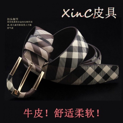 皮尔卡丹(pierre cardin) 男士女真皮腰带青年情侣格子纹休闲针扣牛皮裤带商务百搭皮带 浅色系格纹银色扣子 115cm(2尺8腰35码裤子)