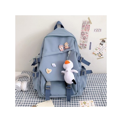 格比森书包男女韩版原宿ulzzang初高中大学生背包 尼龙帆布双肩包大容量防刮耐磨笔记本电脑包 蓝色（带鸭子挂件/带徽章）
