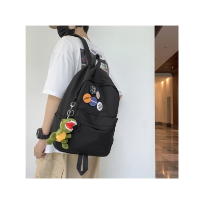 酷森书包男初中韩版原宿风高中大学生背包 防泼水尼龙帆布大容量双肩包女 防刮耐磨笔记本电脑包 黑色（带大恐龙挂件+5枚徽章）