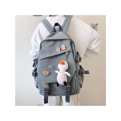 格比森书包男女韩版原宿ulzzang初高中大学生背包 尼龙帆布双肩包大容量防刮耐磨笔记本电脑包 蓝色（带鸭子挂件/带徽章）