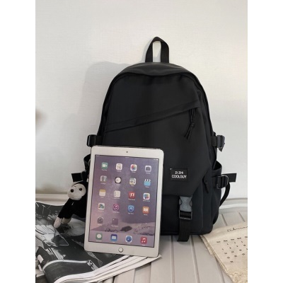 朗酷书包男韩版原宿初高中大学生背包女 双肩包潮酷大容量15.6英寸防泼水笔记本电脑包 黑色标准版【带猩猩挂件】