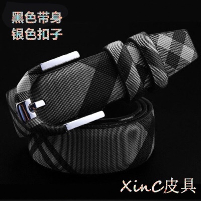 皮尔卡丹(pierre cardin) 男士女真皮腰带青年情侣格子纹休闲针扣牛皮裤带商务百搭皮带 浅色系格纹银色扣子 115cm(2尺8腰35码裤子)