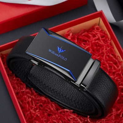 英皇保罗WILLIAMPOLO皮带男士头层牛皮自动扣腰带时尚商务裤带送父亲男友老公生日情人节礼物20720蓝色
